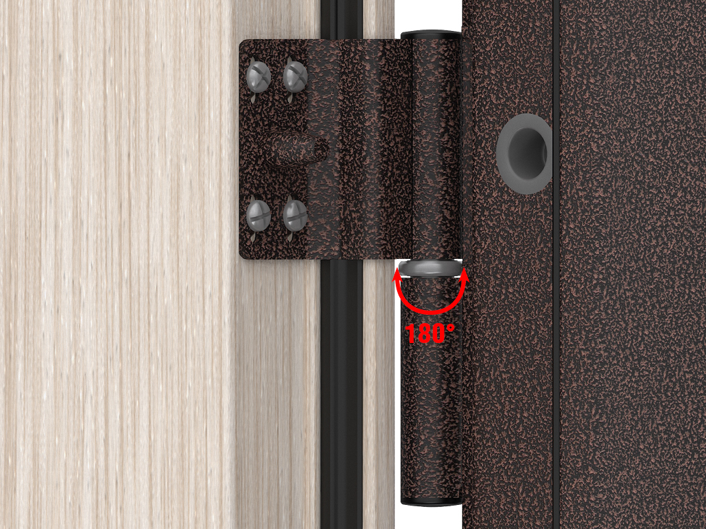 Регулируемые стальные петли из оцинкованной стали с противосъемными штырями защищают от снятия с петель и обеспечивают угол открытия двери более 180°.